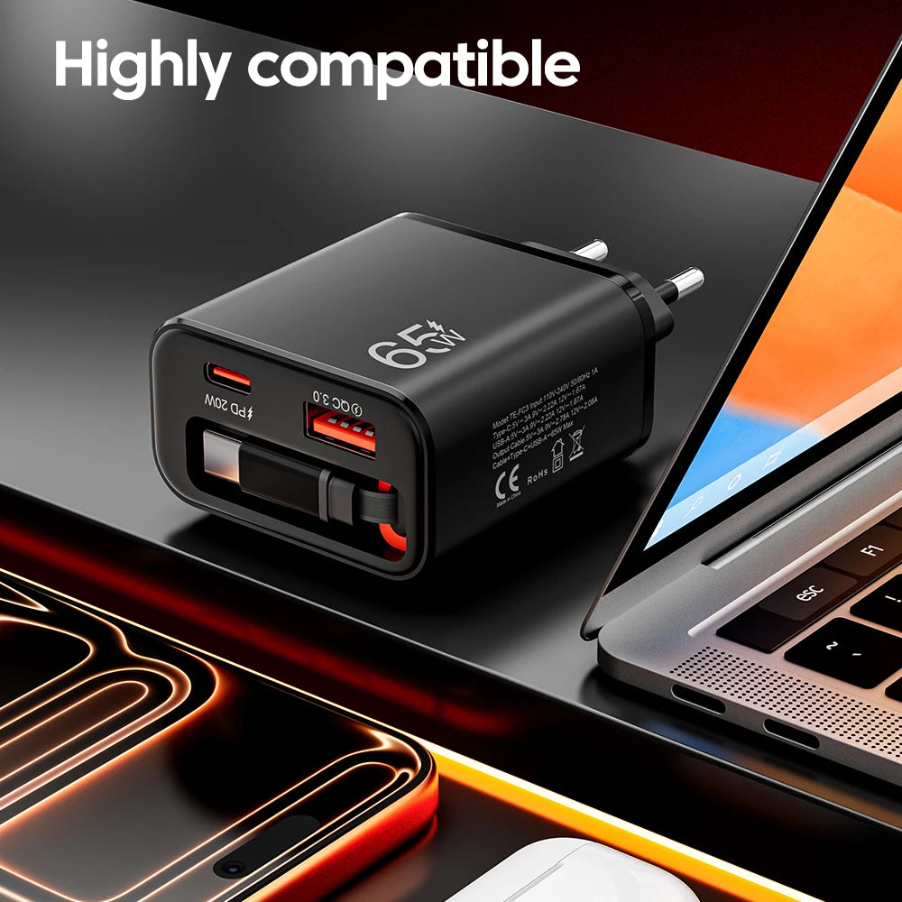 65W Super Fast Charge Type C USB Phone Charger With Telescopic Type C Cable For iPhone 17 16 15 Xiaomi USB C Charger Adapter