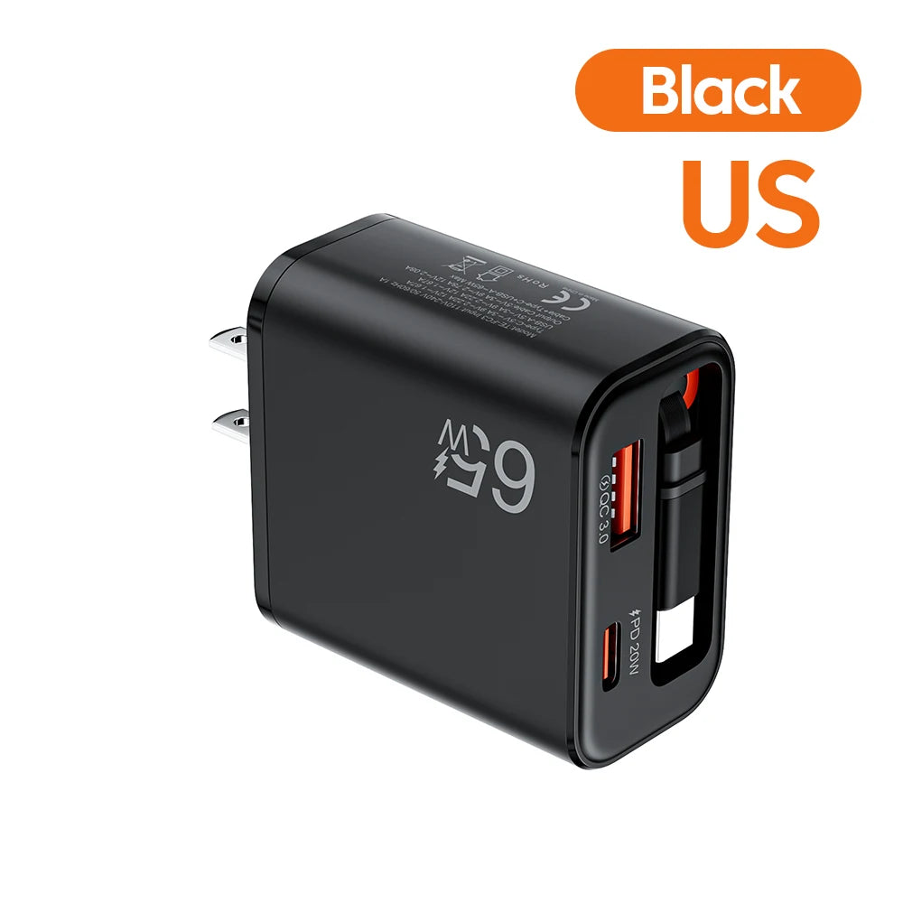 65W Super Fast Charge Type C USB Phone Charger With Telescopic Type C Cable For iPhone 17 16 15 Xiaomi USB C Charger Adapter