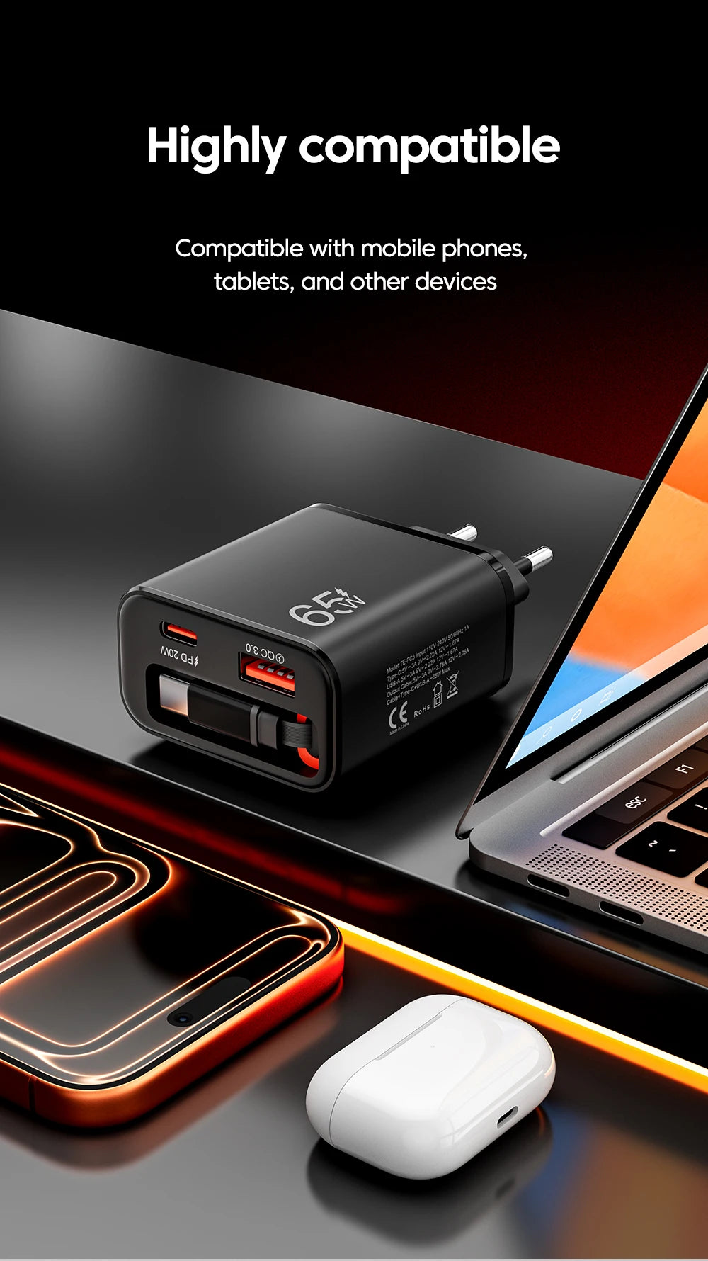 65W Super Fast Charge Type C USB Phone Charger With Telescopic Type C Cable For iPhone 17 16 15 Xiaomi USB C Charger Adapter