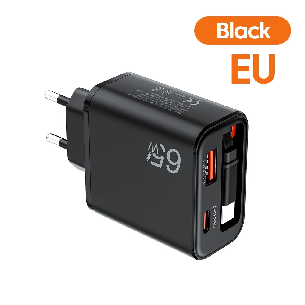 65W Super Fast Charge Type C USB Phone Charger With Telescopic Type C Cable For iPhone 17 16 15 Xiaomi USB C Charger Adapter