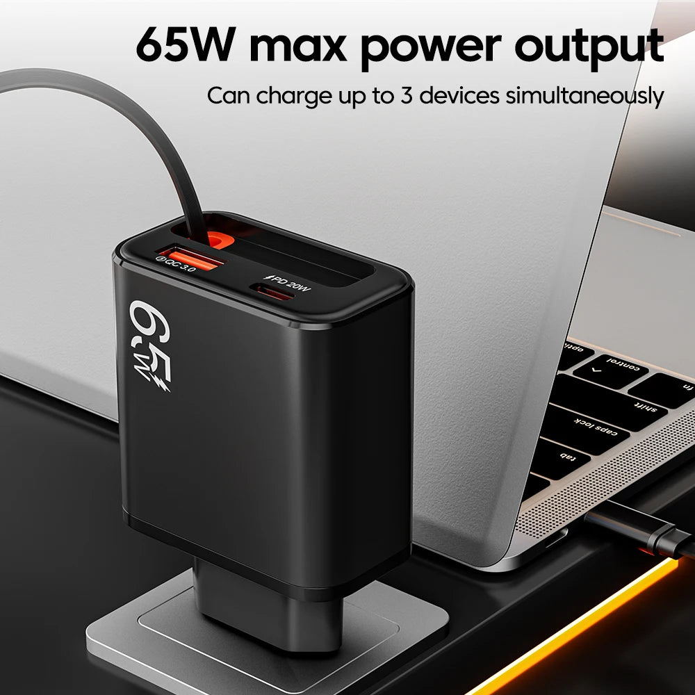 65W Super Fast Charge Type C USB Phone Charger With Telescopic Type C Cable For iPhone 17 16 15 Xiaomi USB C Charger Adapter