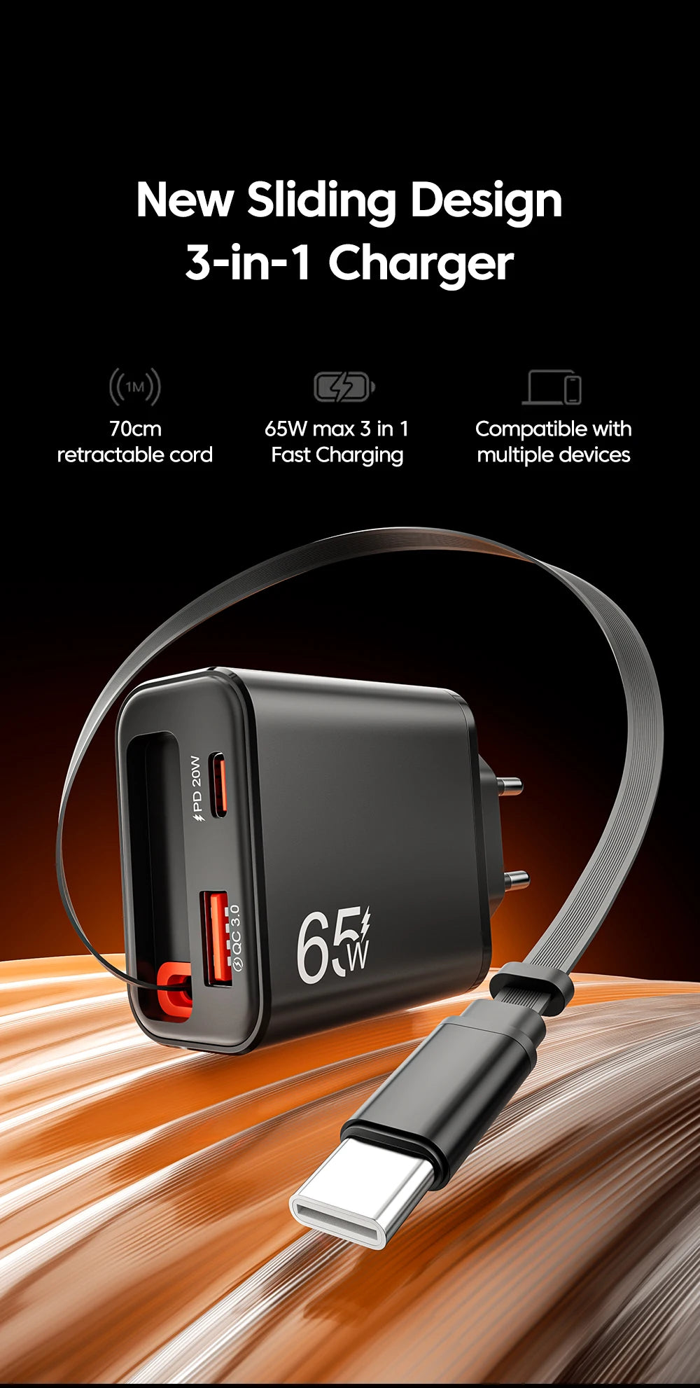 65W Super Fast Charge Type C USB Phone Charger With Telescopic Type C Cable For iPhone 17 16 15 Xiaomi USB C Charger Adapter