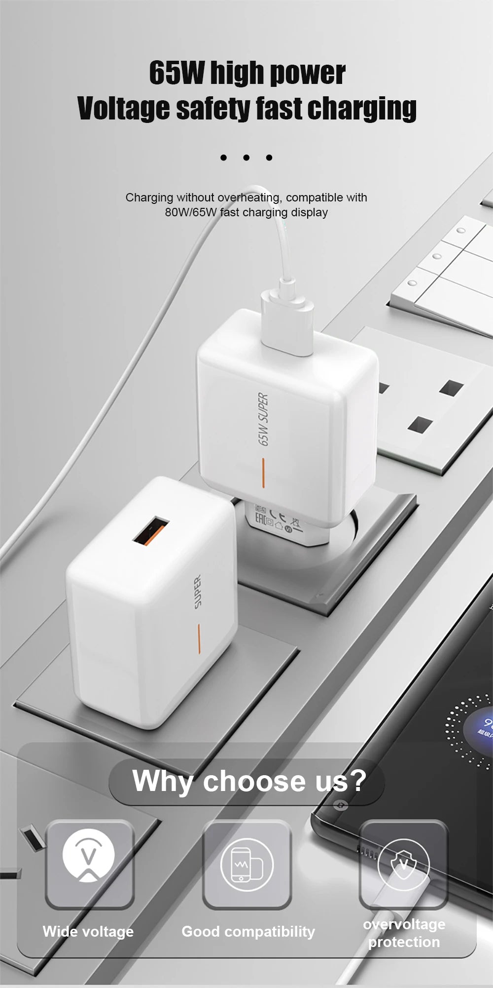 PD 65W Supervooc Charger For OPPO Reno 12 11 10 Pro 5 Find X7 X2 X3 X5 X6 EU US Quick Adapter Fast Charging Phone Accessories