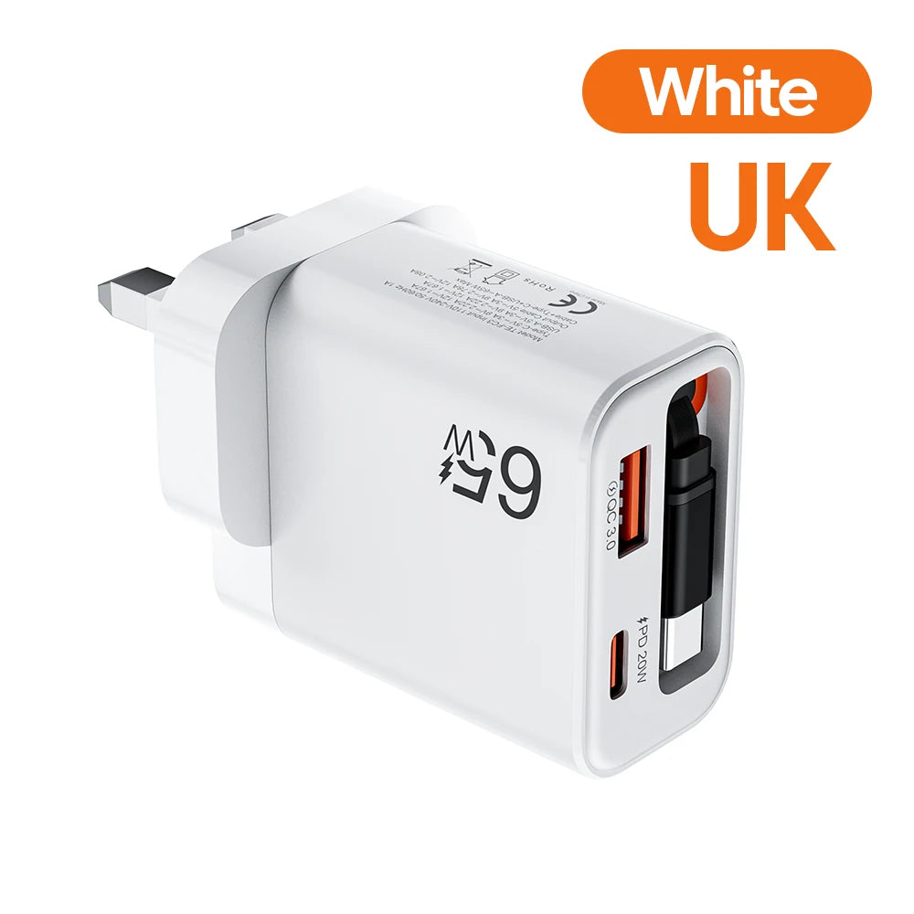65W Super Fast Charge Type C USB Phone Charger With Telescopic Type C Cable For iPhone 17 16 15 Xiaomi USB C Charger Adapter