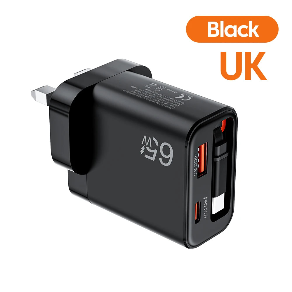 65W Super Fast Charge Type C USB Phone Charger With Telescopic Type C Cable For iPhone 17 16 15 Xiaomi USB C Charger Adapter