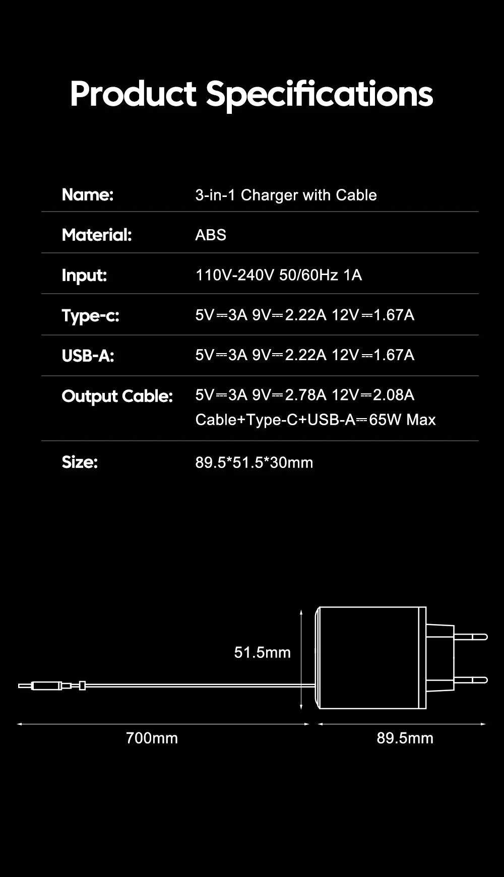 65W Super Fast Charge Type C USB Phone Charger With Telescopic Type C Cable For iPhone 17 16 15 Xiaomi USB C Charger Adapter