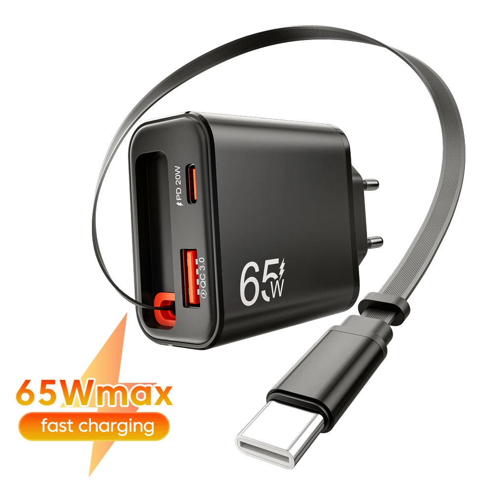 65W Super Fast Charge Type C USB Phone Charger With Telescopic Type C Cable For iPhone 17 16 15 Xiaomi USB C Charger Adapter