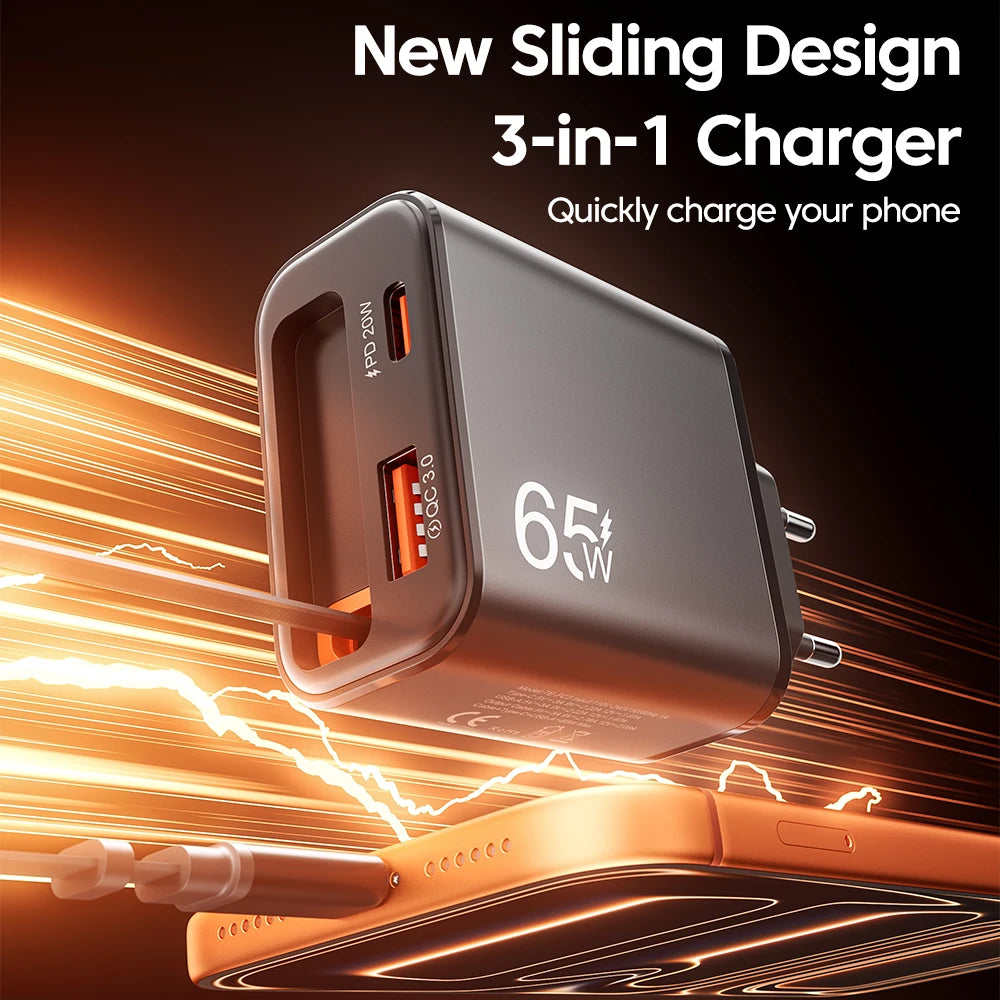 65W Super Fast Charge Type C USB Phone Charger With Telescopic Type C Cable For iPhone 17 16 15 Xiaomi USB C Charger Adapter